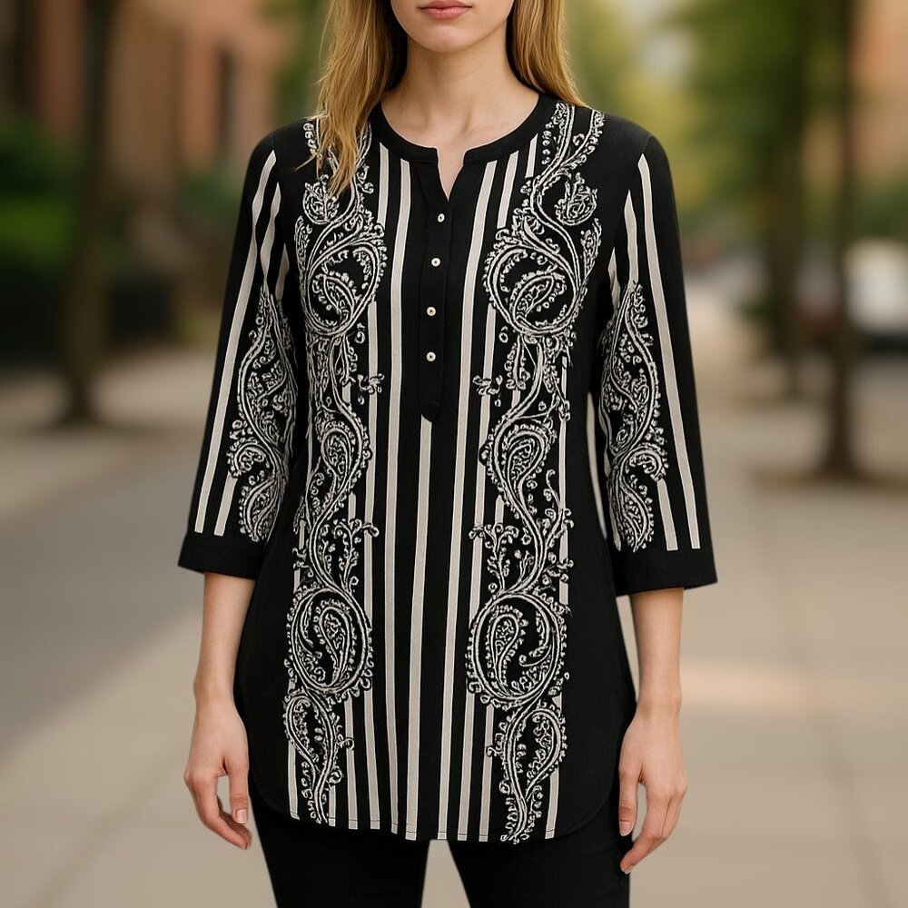 Nygard NWT Black Paisley Striped Half Button Up Pull Over Tunic Size Small